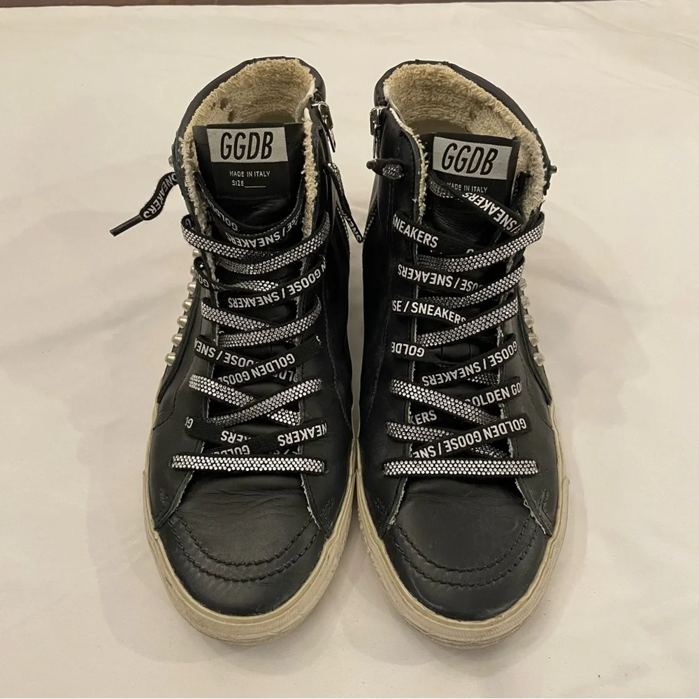 Golden Goose Women's Slide Black with‎ Studs size 41, US 11 with Swarovski Laces